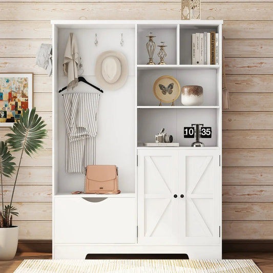 White hall tree with storage shelves and bench, hooks for coats on Tampa Home & Garden Store
