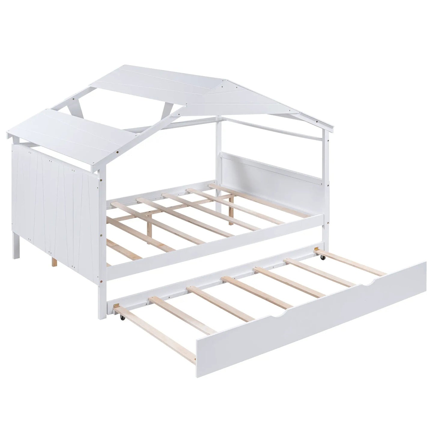 White wood full-size house bed with twin trundle and slatted base on Tampa Home & Garden Store