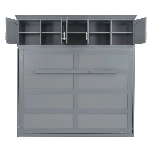 Full-size gray Murphy bed with upper cabinets and open shelving on Tampa Home & Garden Store