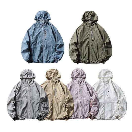 Six hooded sport jackets in blue, olive, gray, tan, lavender, white with reflective accents on Tampa Home & Garden Store