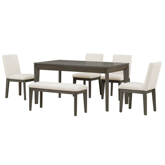 Topmax 6-Piece Dining Set with Upholstered Chairs, dark wood table, beige seating, and bench on Tampa Home & Garden Store