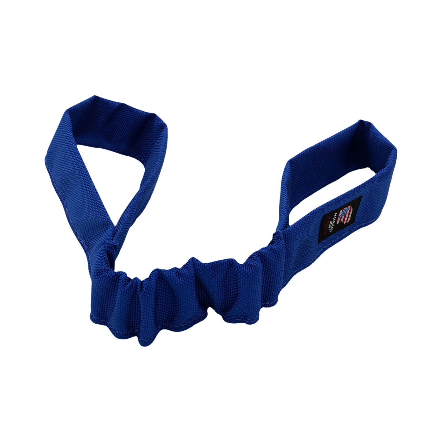 Double Bungee Tug dog toy in blue nylon straps with two handles and American Dog patch on Tampa Home & Garden Store