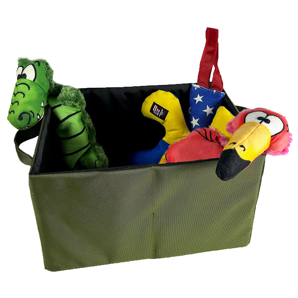 Drool Box storage tote with American Dog plush toys: green alligator, star-spangled pouch, red bird on Tampa Home & Garden Store