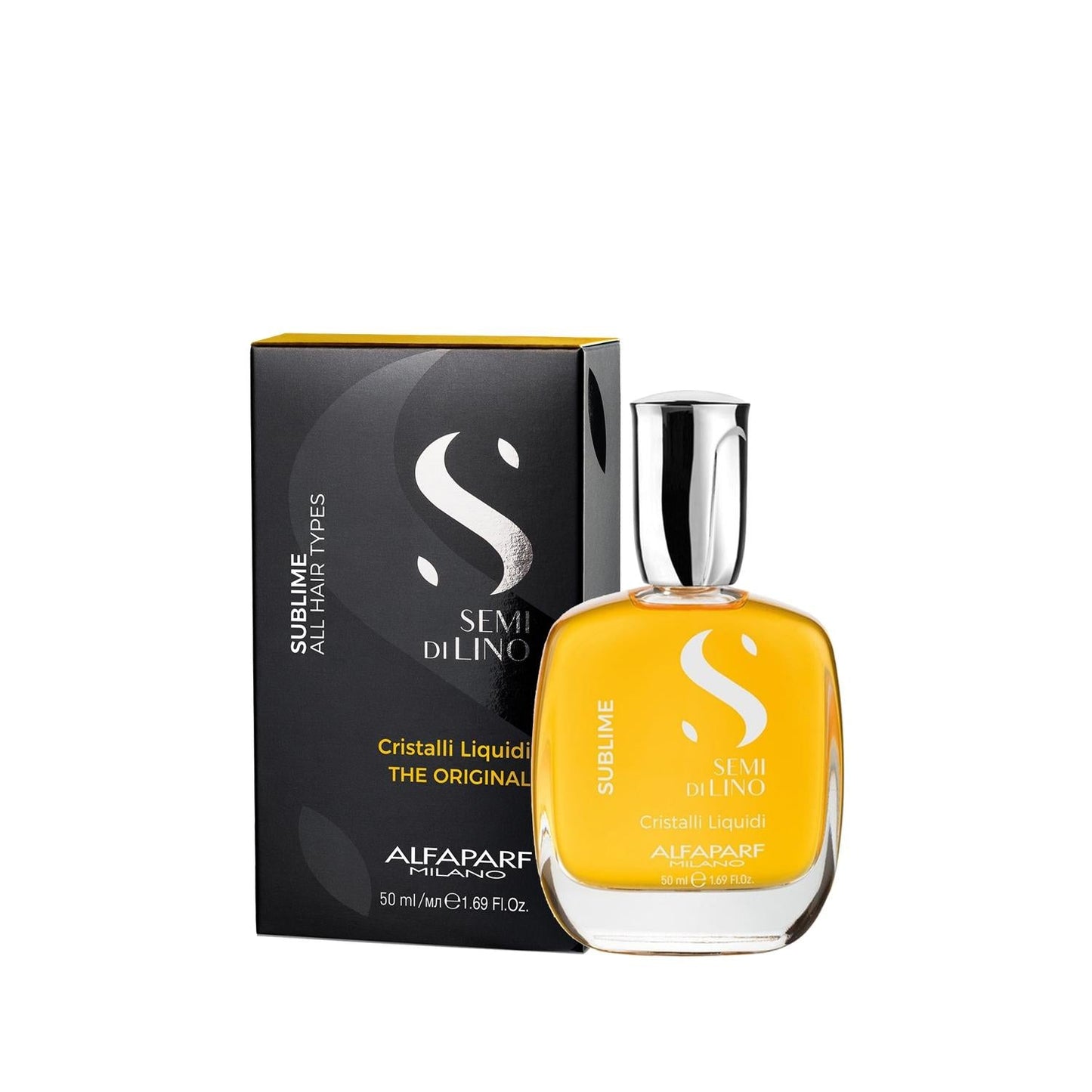 Hair serum Sublime Cristalli Liquidi by Alfaparf Milano in amber bottle with silver cap on Tampa Home & Garden Store