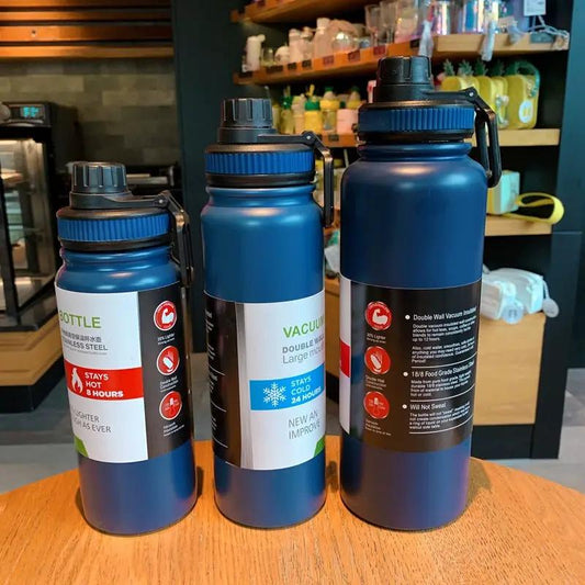 Large Capacity Outdoor Stainless Insulated Cup three blue thermoses with lids and handles on Tampa Home & Garden Store