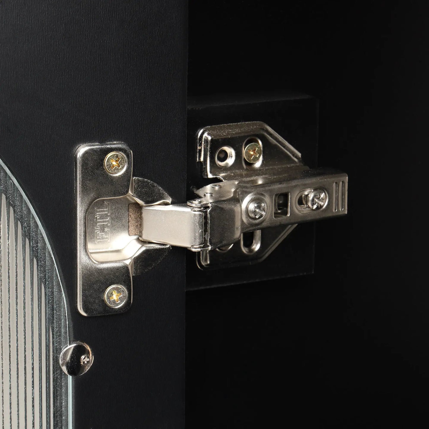 30 Inch black bathroom vanity with sink close-up of silver hinge hardware on Tampa Home & Garden Store