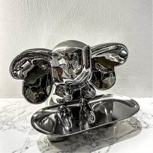 Ceramic Entryway Tray for Keys and Remotes, chrome elephant sculpture with oval dish on Tampa Home & Garden Store