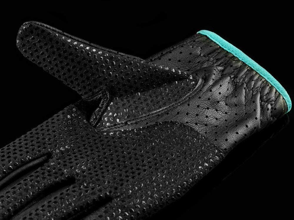 American Equus riding gloves, black perforated leather with teal trim on Tampa Home & Garden Store