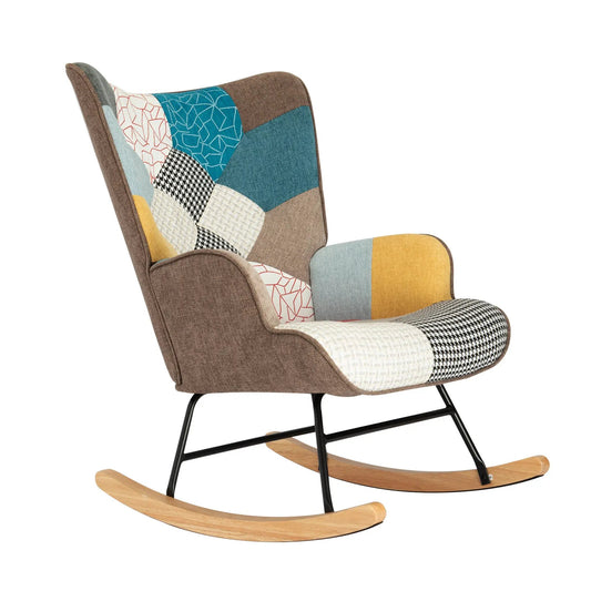 Patchwork rocking chair with colorful geometric upholstery and wood legs on Tampa Home & Garden Store
