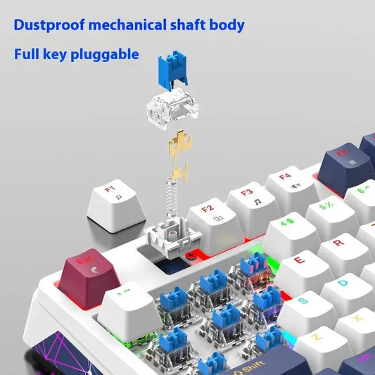 Xunfox K85 wired mechanical gaming keyboard exploded view with blue switches and white keycaps on Tampa Home & Garden Store