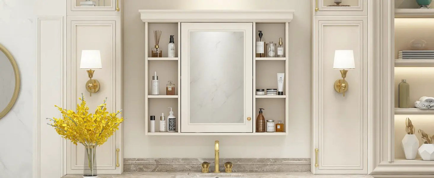 Blue wall mounted bathroom cabinet with mirror and side open shelves on Tampa Home & Garden Store