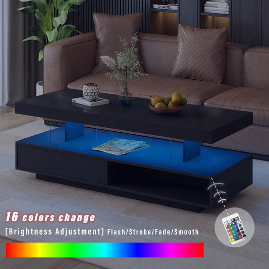 U-Can LED coffee table with storage drawers, black finish, blue LED shelf in living room on Tampa Home & Garden Store