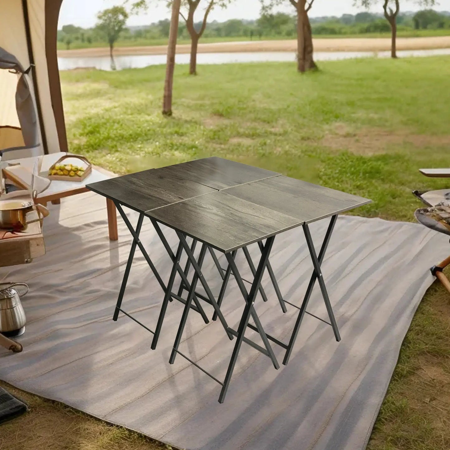 Set of 4 folding TV tray tables with storage rack, dark woodgrain top and black metal legs on Tampa Home & Garden Store