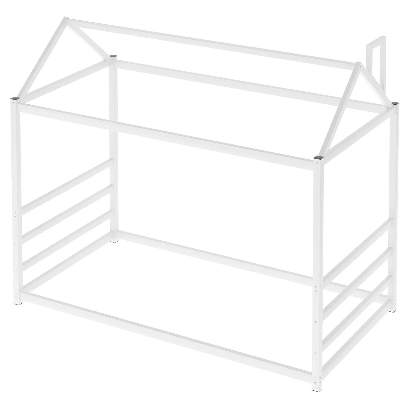 House-shaped platform bed frame, white metal with roof peak and chimney accents on Tampa Home & Garden Store