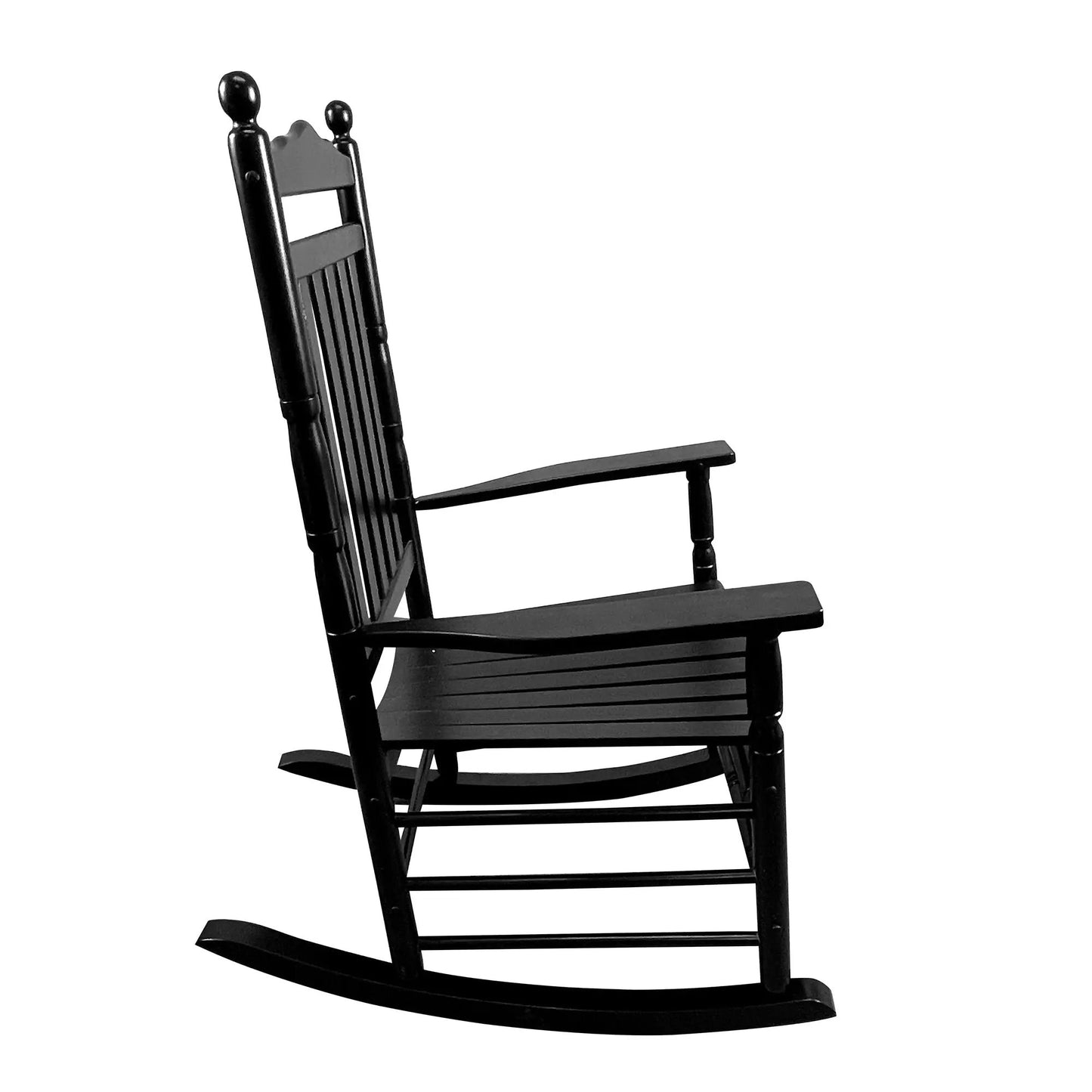 Balcony Porch Adult Rocking Chair, black wood with slatted back and curved rockers on Tampa Home & Garden Store