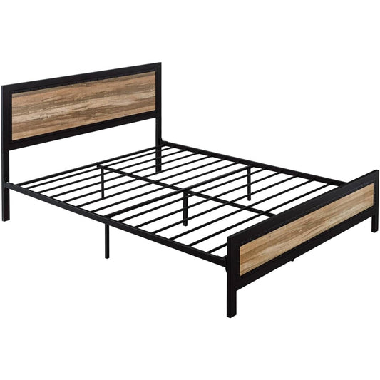 Full Industrial Metal Wood Rivet Platform Bed Frame w/ Headboard and Footboard - Tampa Home & Garden Store