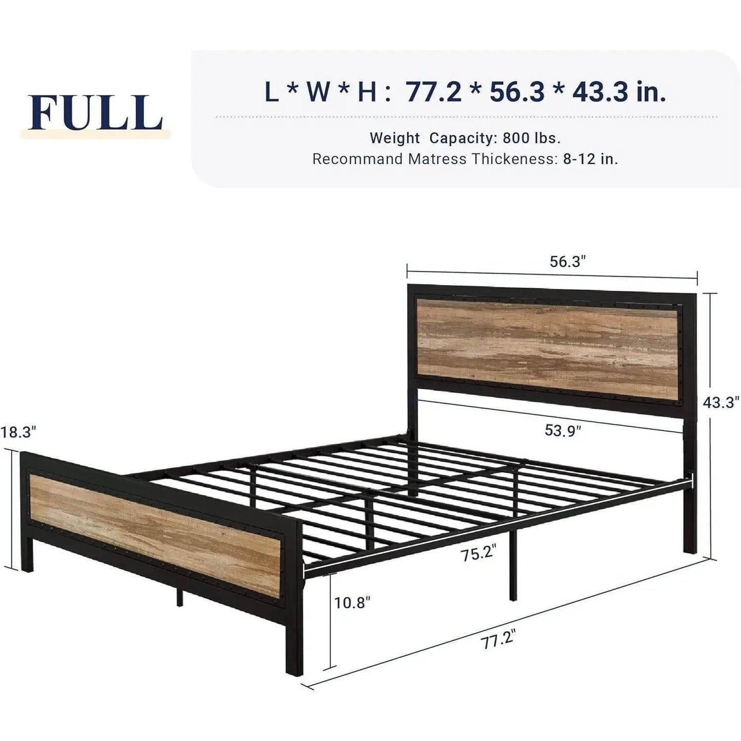 Full Industrial Metal Wood Rivet Platform Bed Frame w/ Headboard and Footboard - Tampa Home & Garden Store