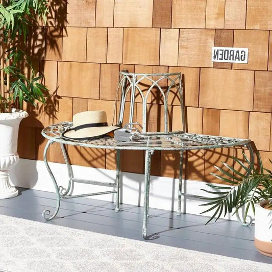 Half-Circle Garden Wrought Iron Tree Bench in antique green finish for outdoor patio on Tampa Home & Garden Store