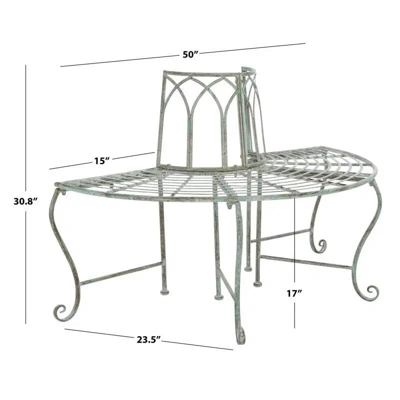 Half-Circle Outdoor Patio Garden Wrought Iron Tree Bench in Antique Green - Tampa Home & Garden Store