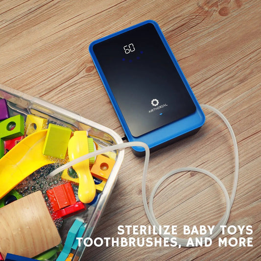 AH1000 blue water ozone generator with digital display beside a tub of colorful toys Airthereal on Tampa Home & Garden Store