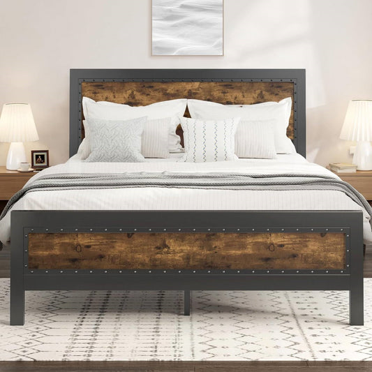 Queen Industrial Rivet Platform Bed Frame with Headboard in Rustic Wood Finish - Tampa Home & Garden Store