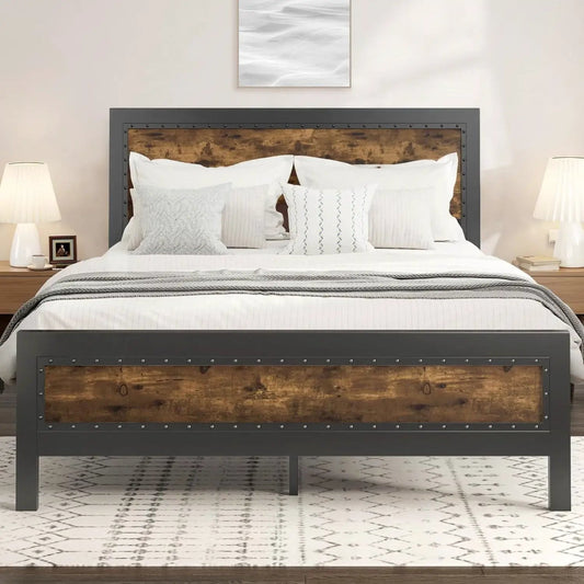 Queen Rustic Platform Bed Frame With Headboard in dark gray riveted metal frame with wood panels on Tampa Home & Garden Store