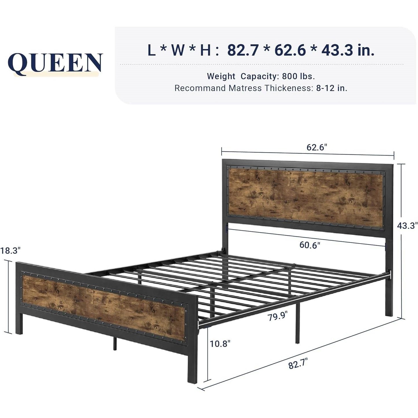 Estructura de cama Queen Industrial Rivet con cabecero en acabado de madera rústica