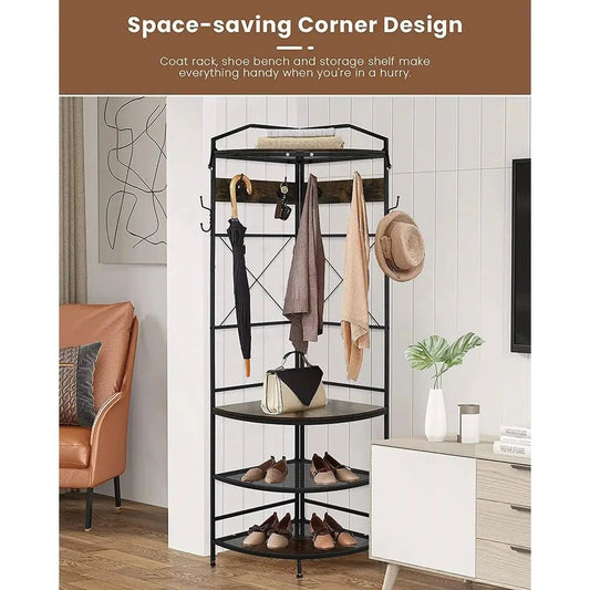 Modern Corner Entryway Hall Tree With Shoe Rack, black metal frame, three shelves and hooks on Tampa Home & Garden Store