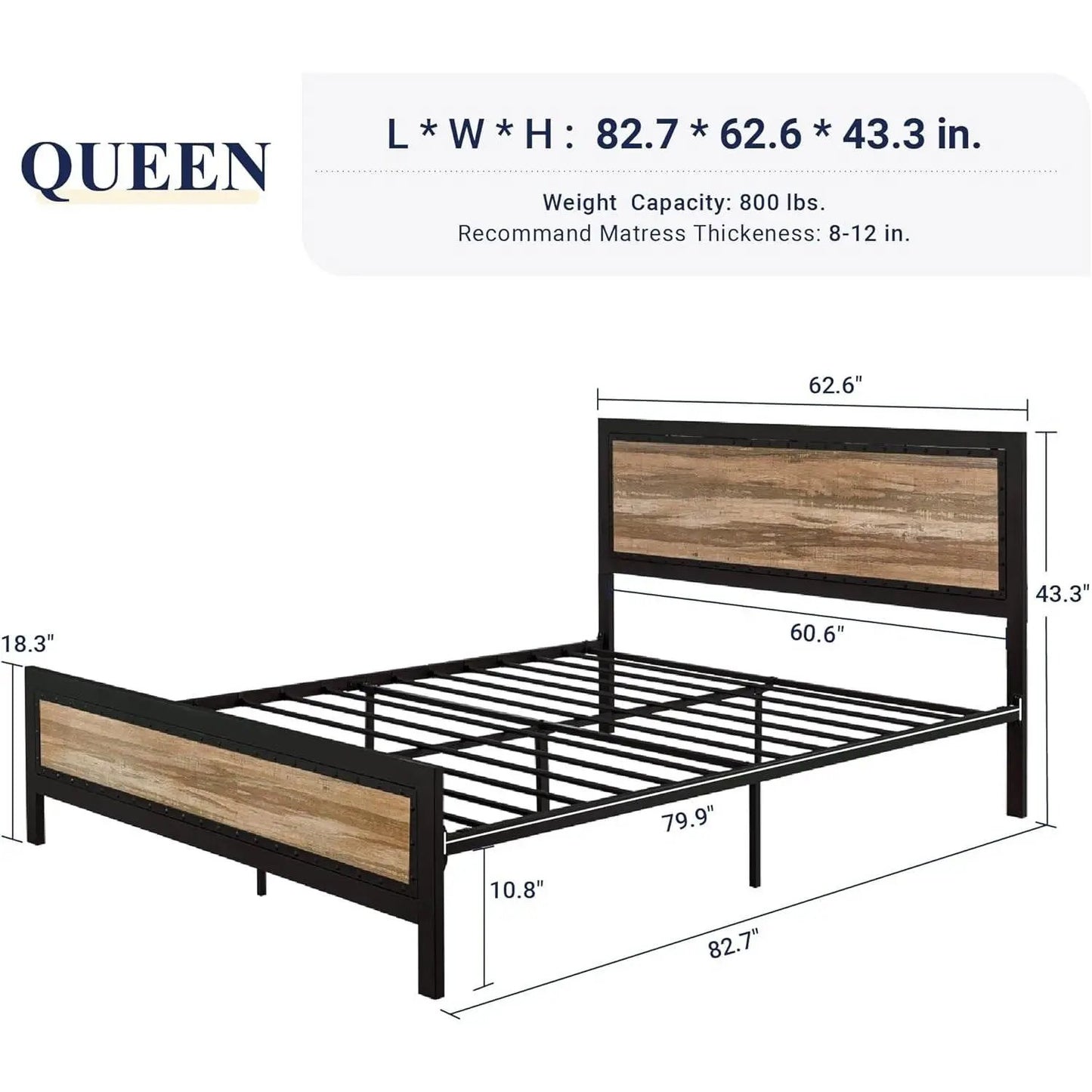 Queen Industrial Metal Wood Rivet Platform Bed Frame w/ Headboard and Footboard - Tampa Home & Garden Store