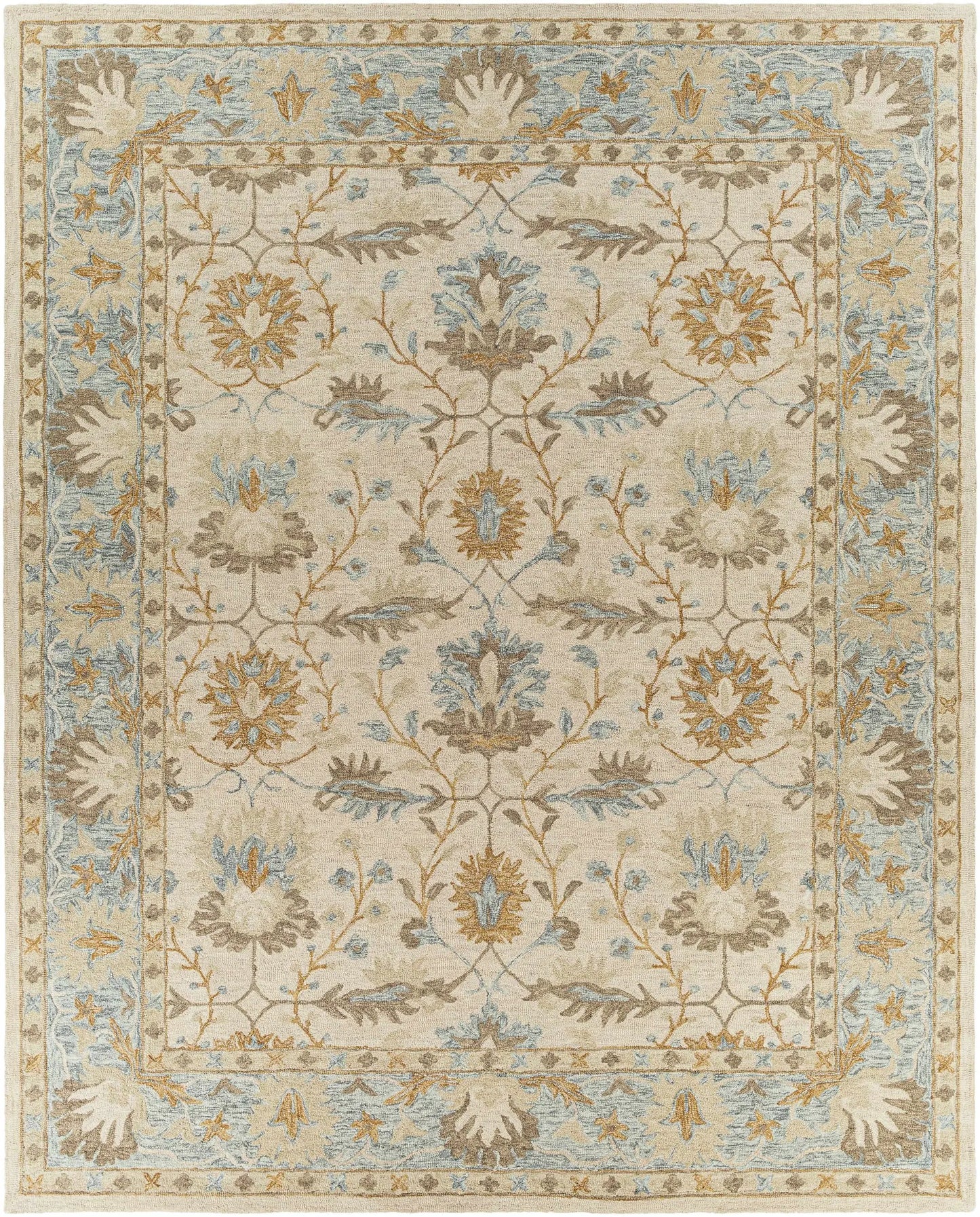 Albert Hand Tufted Wool Rug Charcoal in a beige field with blue and gold floral trellis border on Tampa Home & Garden Store