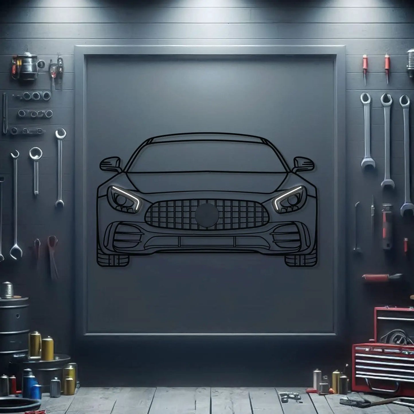 AMG Front View Metal Neon Car Wall Art by Modello Turbo, neon car front on a garage wall on Tampa Home & Garden Store
