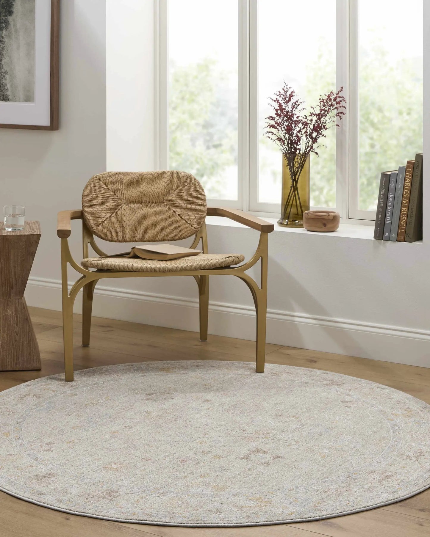 Amina Oushak Thick Luxe round rug, light gray cream with traditional pattern by Boutique Rugs on Tampa Home & Garden Store