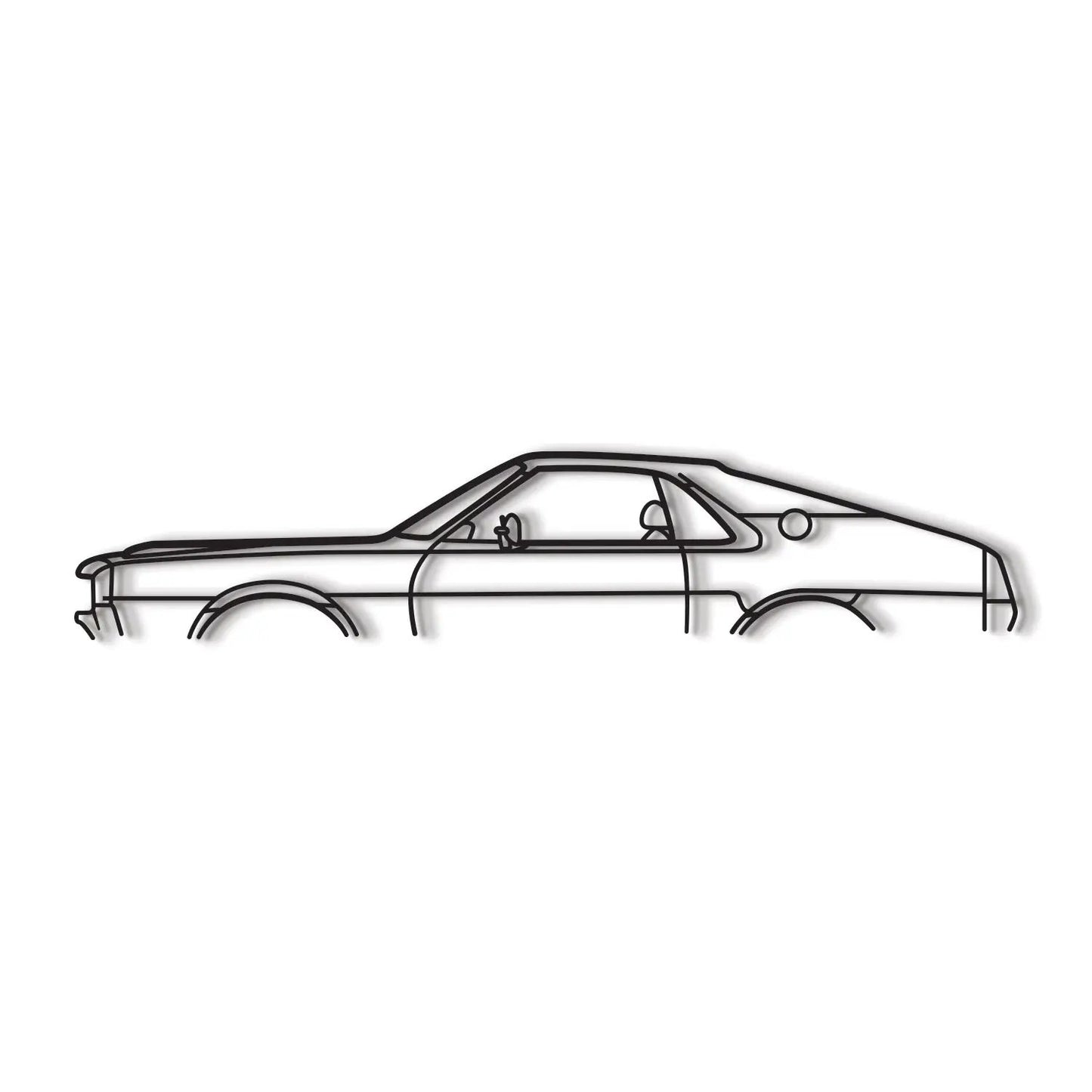 Amx 1970 metal car wall art by Modello Turbo; black line art silhouette of a classic coupe on Tampa Home & Garden Store