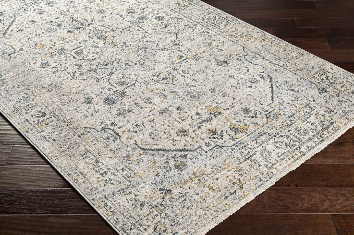 Anmoore Luxe Rug Charcoal Gray and Teal with distressed geometric pattern by Boutique Rugs on Tampa Home & Garden Store