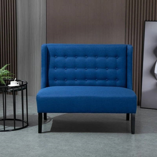 Scandinavian 2 Seater Button Tufted Loveseat Wooden Legs Blue Linen - Tampa Home & Garden Store