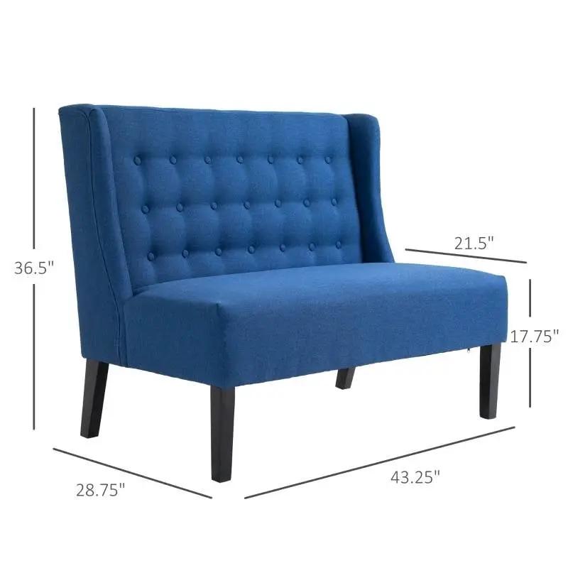 Scandinavian 2 Seater Button Tufted Loveseat Wooden Legs Blue Linen - Tampa Home & Garden Store