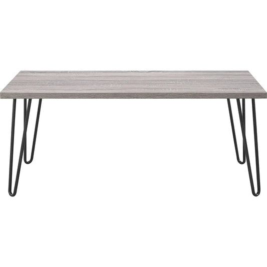 Vintage coffee table with gray-washed wood top and black metal hairpin legs on Tampa Home & Garden Store