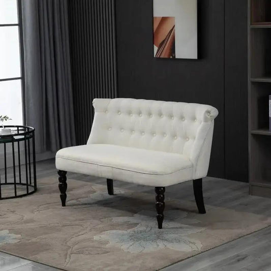 Scandinavian 2 Seater Button Tufted Loveseat white linen with dark wood turned legs on Tampa Home & Garden Store