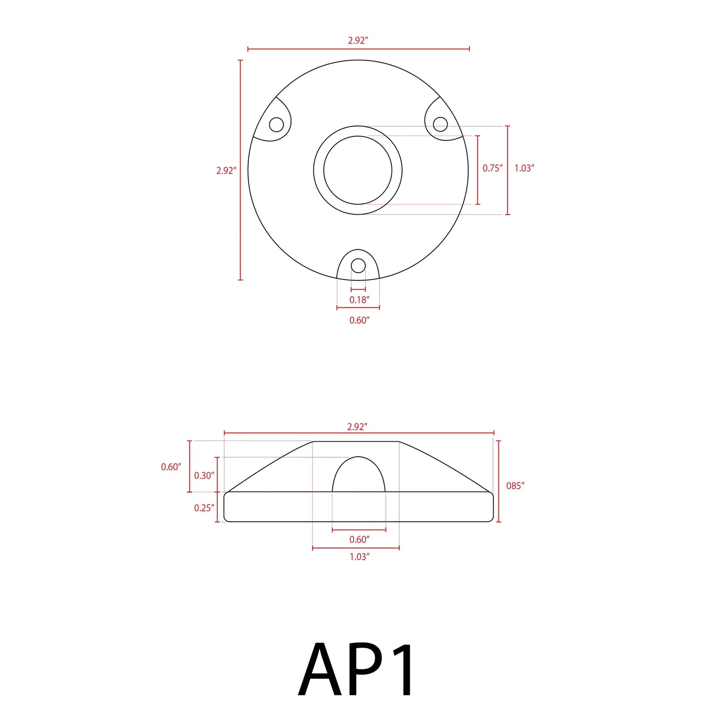 AP1 aluminum landscape lighting mount bracket blueprint with circular base and mounting holes on Tampa Home & Garden Store