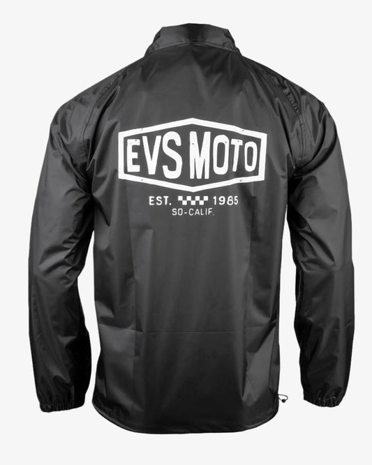 Lightweight nylon coaches jacket EVS Sports in black with white EVS Moto logo on back on Tampa Home & Garden Store