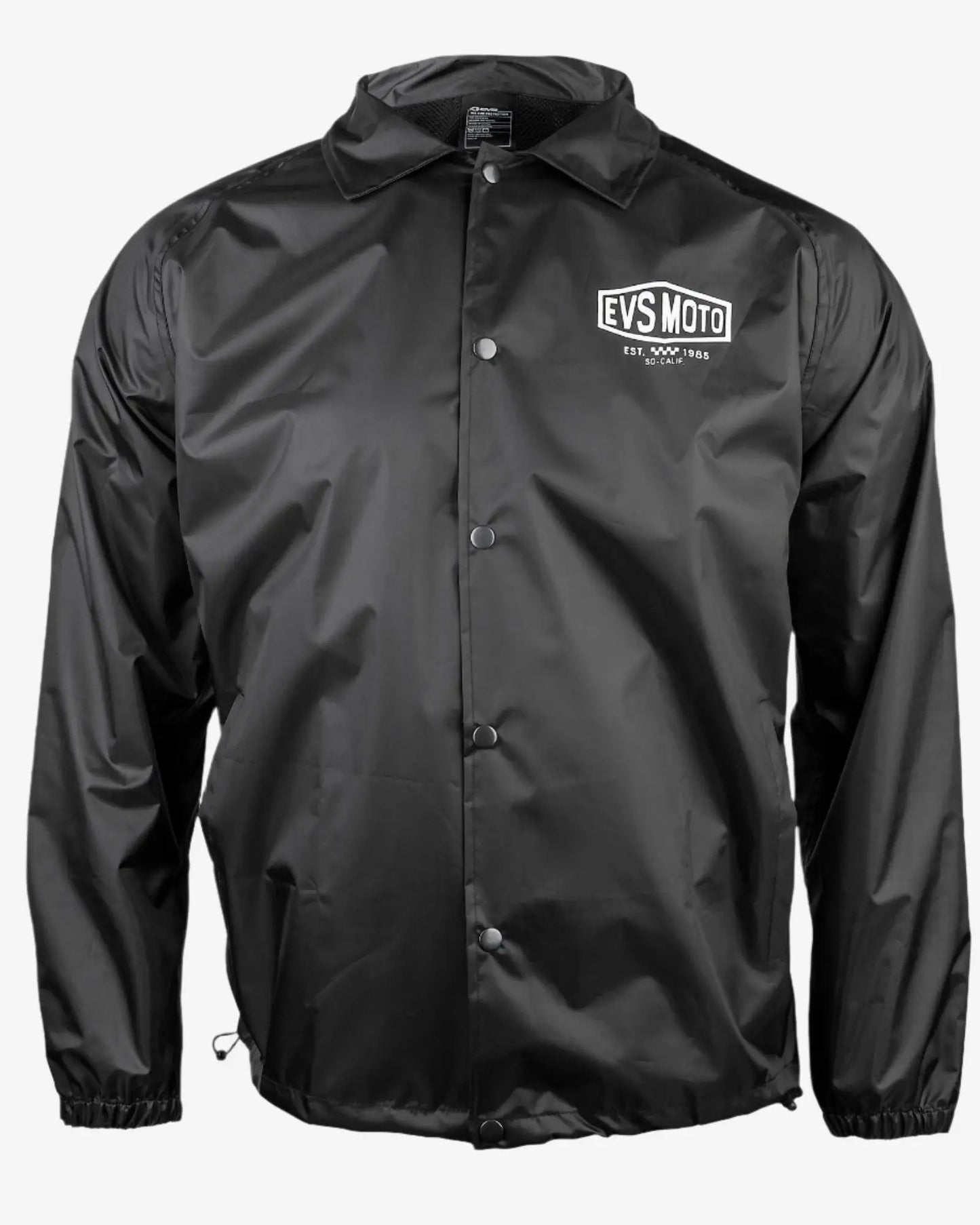 Lightweight nylon water resistant coaches jacket in black with EVS Moto logo on chest on Tampa Home & Garden Store