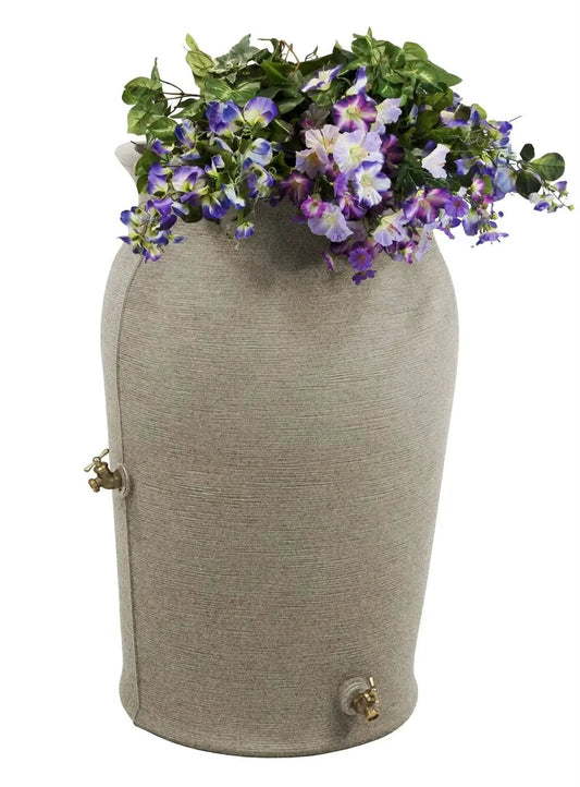 Grey SandStone 50 Gal Urn Rain Barrel with Planter Top, HomePacific outdoor rain barrel on Tampa Home & Garden Store