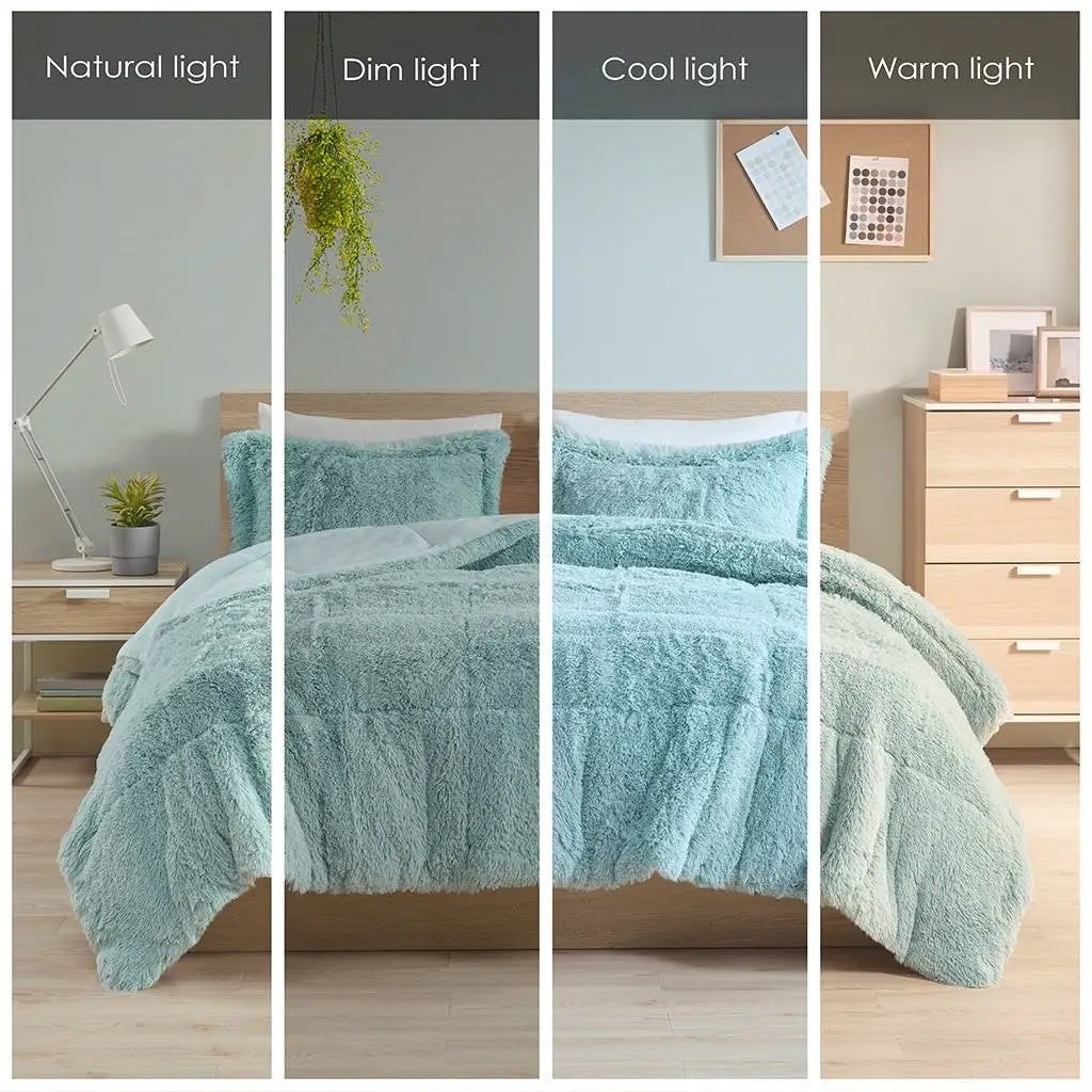 Full/Queen Soft Sherpa Faux Fur 3-Piece Comforter Set in Light Teal Blue - Tampa Home & Garden Store