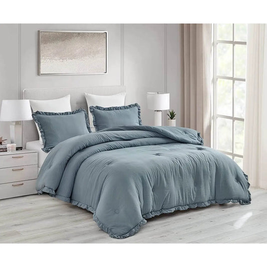 Full Size Blue Stone Washed Ruffled Edge Microfiber 3-Piece Comforter Set - Tampa Home & Garden Store