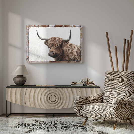Natural Rustic Highland Cow canvas wall art with a weathered border on Tampa Home & Garden Store