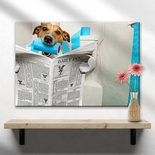 Dog reading newspaper on toilet canvas wall art with blue tissue roll on Tampa Home & Garden Store
