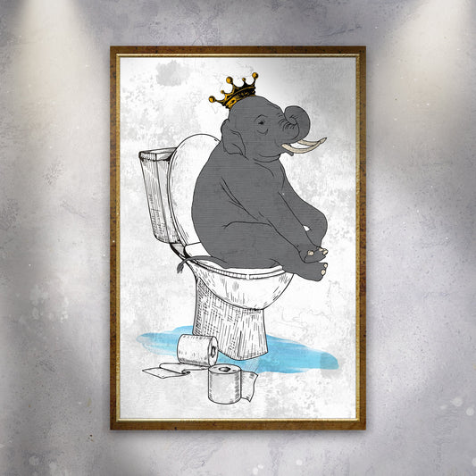 King Elephant on Toilet canvas wall art, gray elephant with gold crown on toilet, framed canvas on Tampa Home & Garden Store