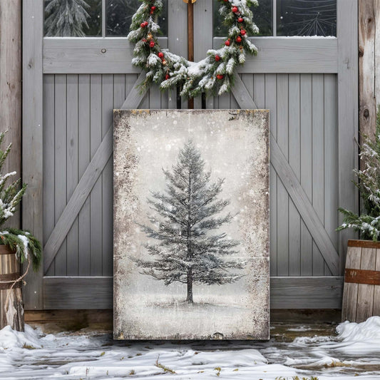 Vintage Christmas Tree Wall Art VII canvas Tailored Canvases, snow-dusted evergreen on grey door on Tampa Home & Garden Store