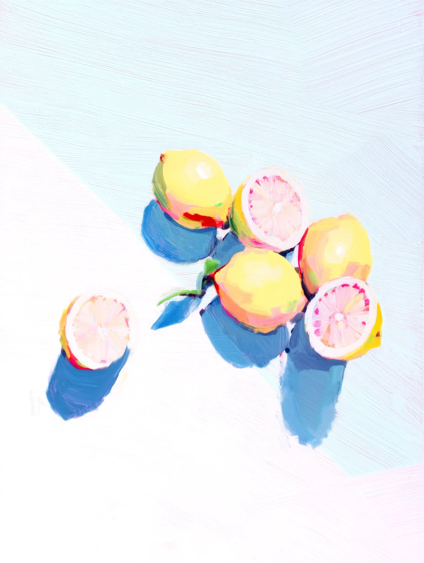 Lemon Study Art Print with lemons and pink lemon slices in a blue vessel on a blue background on Tampa Home & Garden Store
