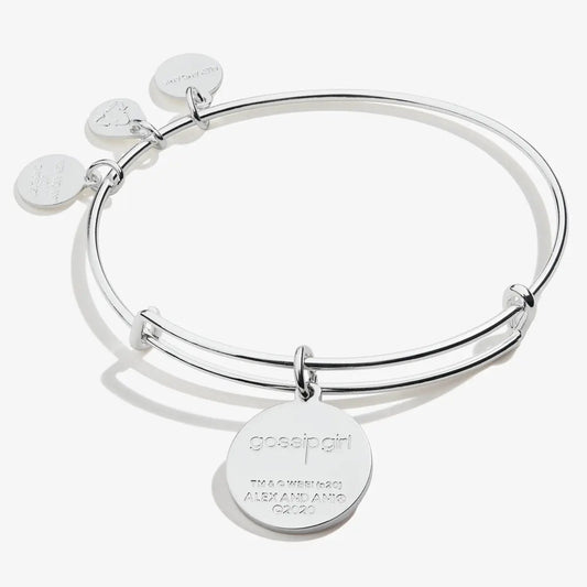 Gossip Girl Logo Charm Bangle by Alex and Ani, silver-tone bracelet with round disc charms on Tampa Home & Garden Store
